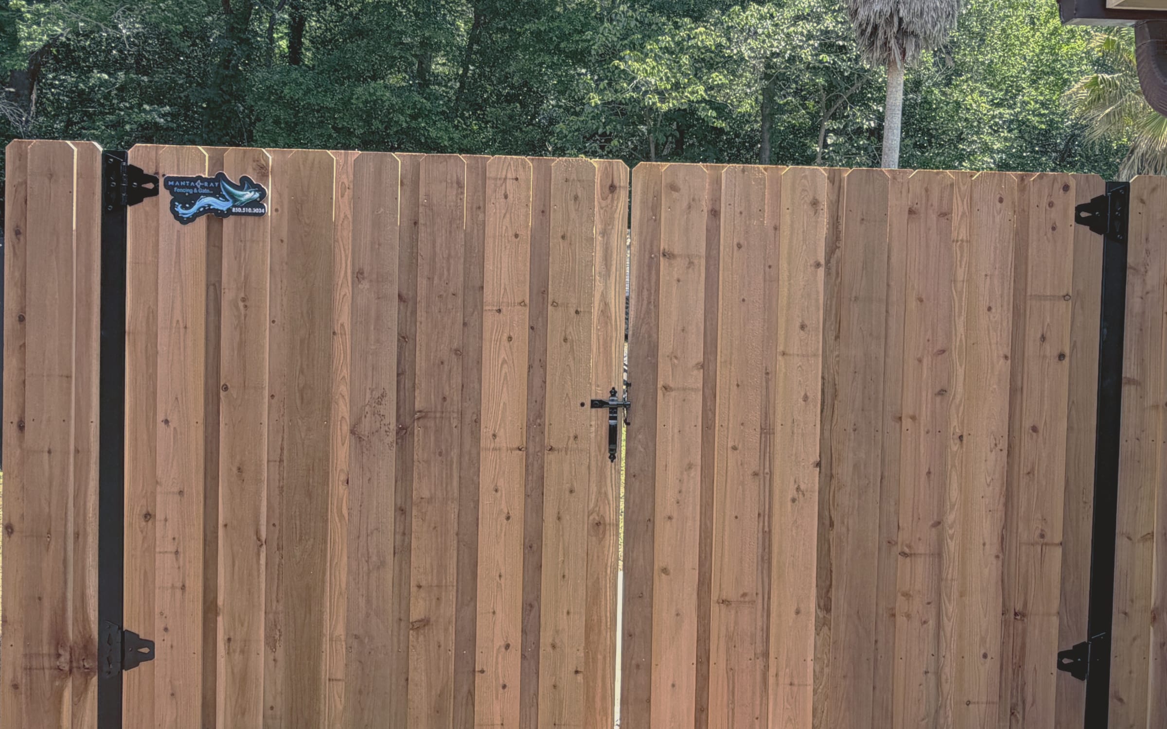 A finished wood privacy fence with a scalloped top line and black post caps, running away into the distance under live oaks hung with Spanish moss in low afternoon light.